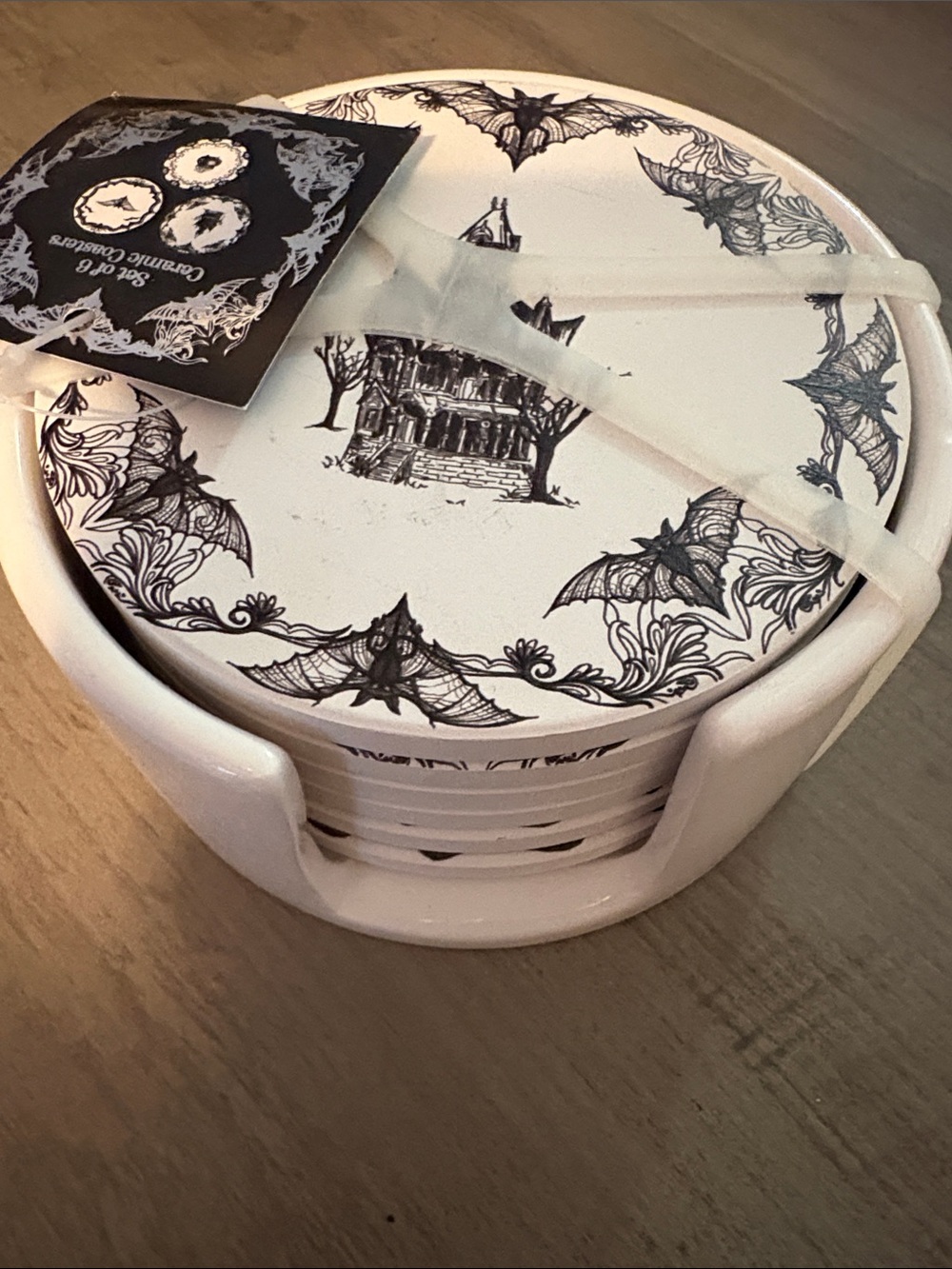 T.J.Maxx White Ceramic Coaster Set with Holder